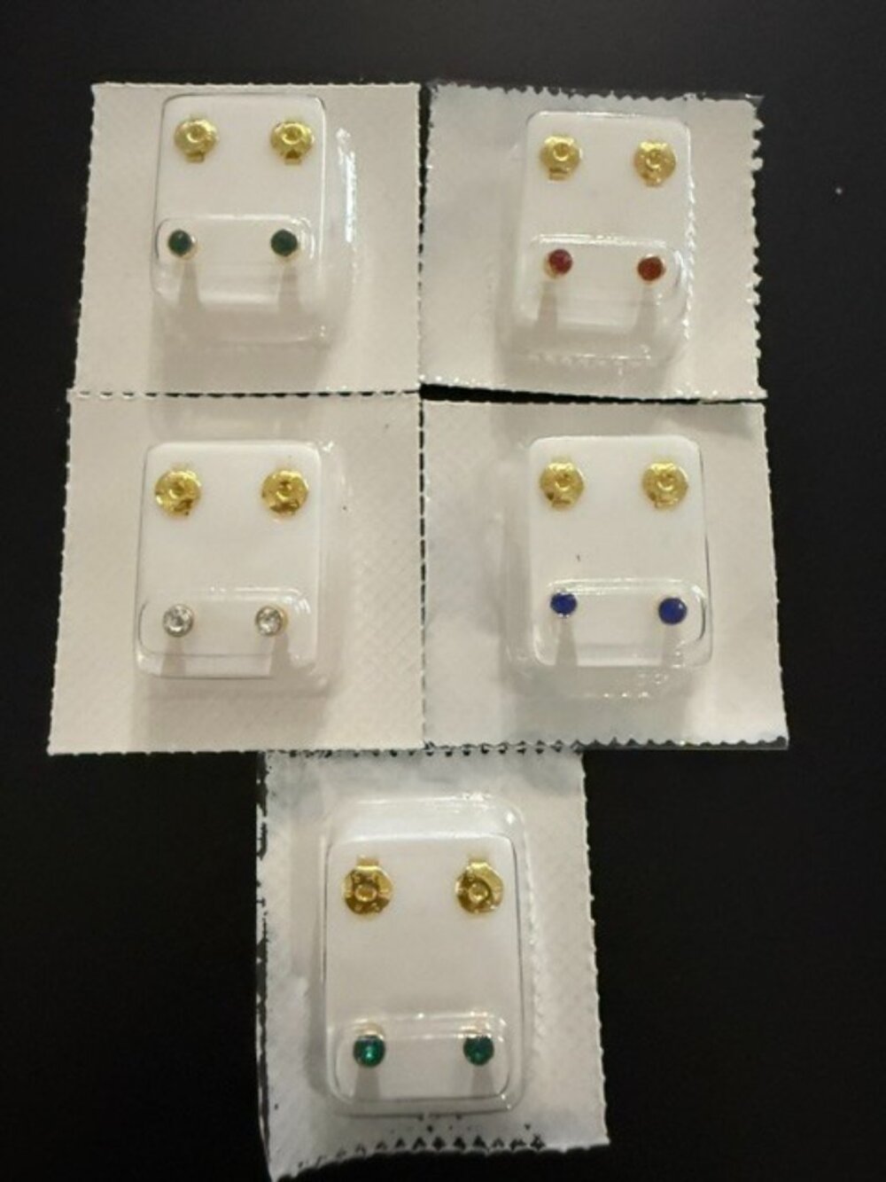 Starex Surgical Steel 3mm Earrings studs 5 pair Gold plated Green Red Blue Clear